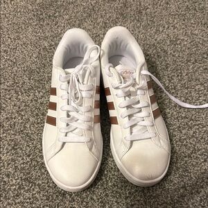 Adidas White Sneakers with Rose Gold Stripes